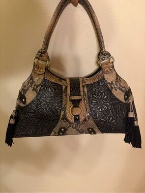Sharif Floral Embossed Snakeskin w/mirror wristlet 17”x9.5”x4.5” GUC